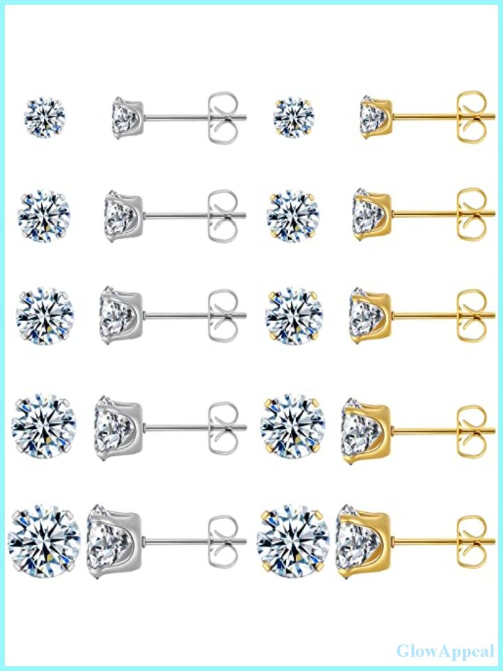 10 Pairs Gold Stud Earrings Set for Women Surgical Steel CZ Hypoallergenic